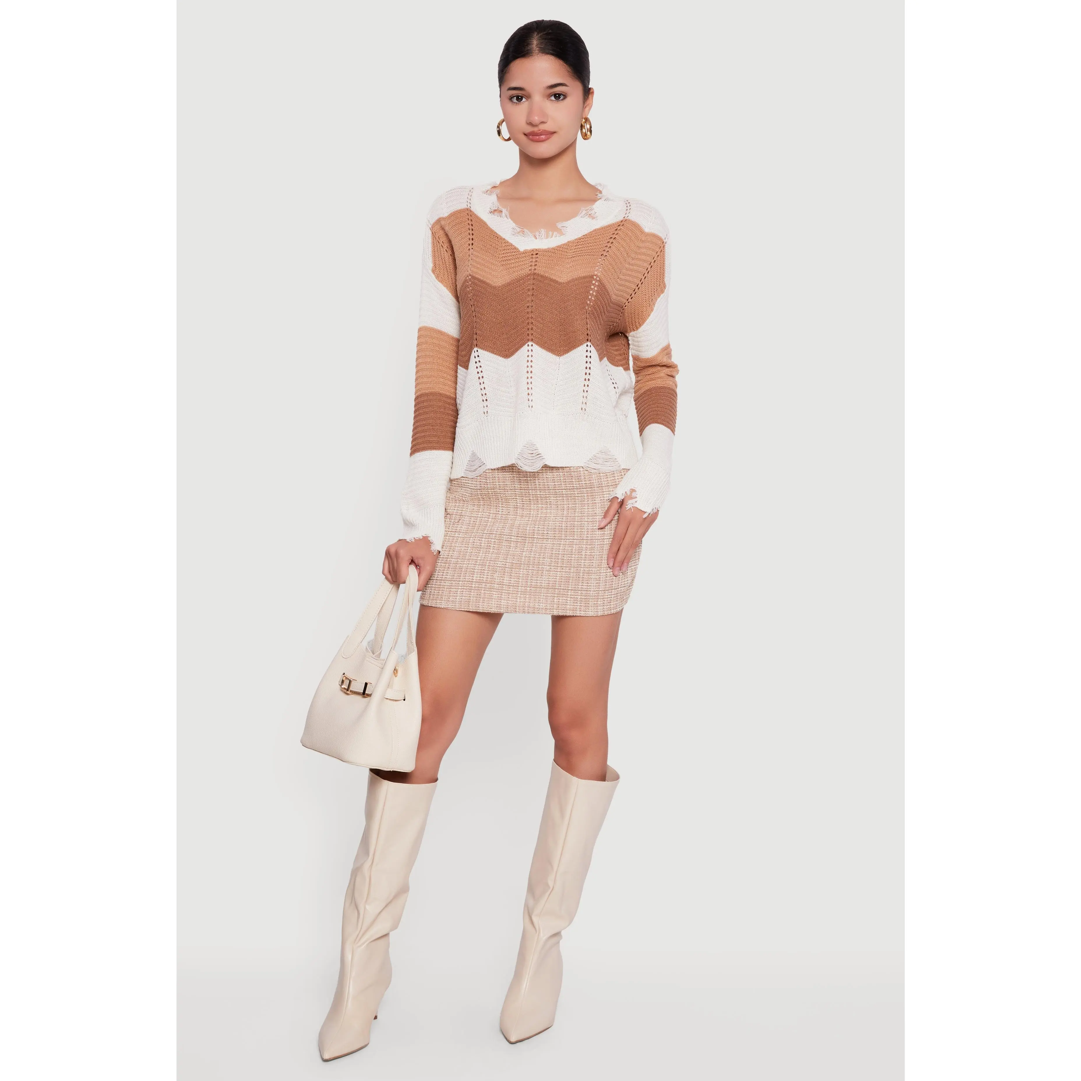 Color Block Chevron Frayed Pointelle Sweater