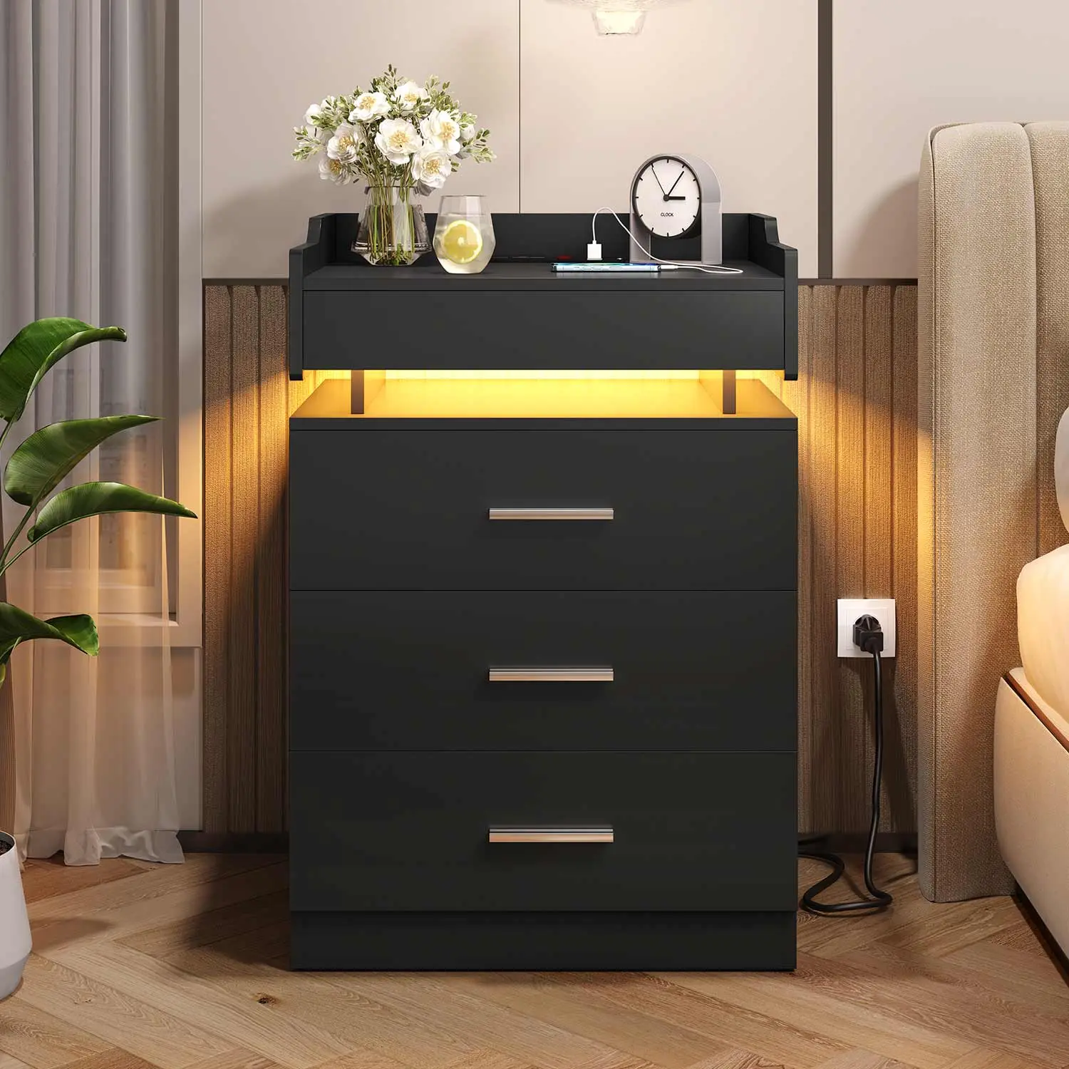 SIKAIC Modern LED Nightstand - Black Indoor Bedroom Table with Built-in Charging Station, USB Outlets, and Charging Port, Modern Accent Side Table, Modern Accent Table