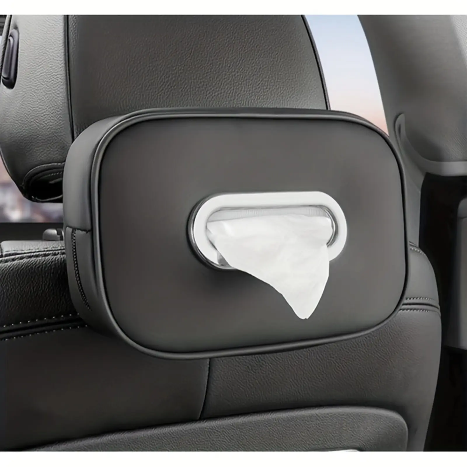 Car Seat Headrest Tissue Dispenser - Black Leatherette Finish, Easy Access Design, Perfect for Car Interiors，Car Tissue Holder,Car Tissue Box Universal Fit