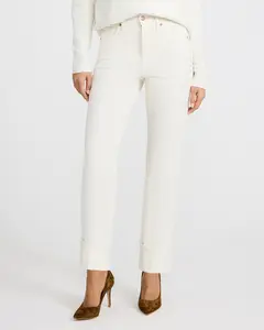 Express High Waisted Ivory Cuffed Straight Ankle Jeans