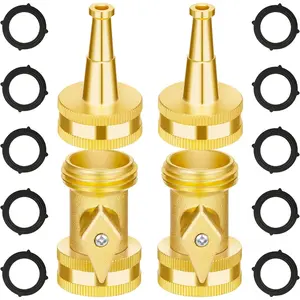 AUTOMAN Brass Hose Nozzle - High Pressure Jet Nozzle 4 Count (2 Set), Heavy Duty Water Hose Sprayer Sweeper with Hose Shutoff Valve, 3/4” GHT Nozzles for Garden Hose, Car Wash, Extra 10 Rubber Washers