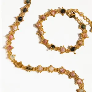 18K Gold Multi-Stone Chained Bracelet Necklace golden chic natural stones boho ethically sourced crystal necklace bracelet