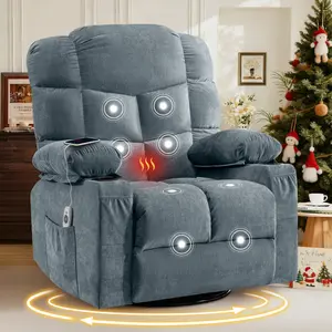 Oversized Swivel Recliner Chair with Massage and Lumbar Heating for Living Room Rocker Recliner with Cup Holders and USB Charge Port, for Adult