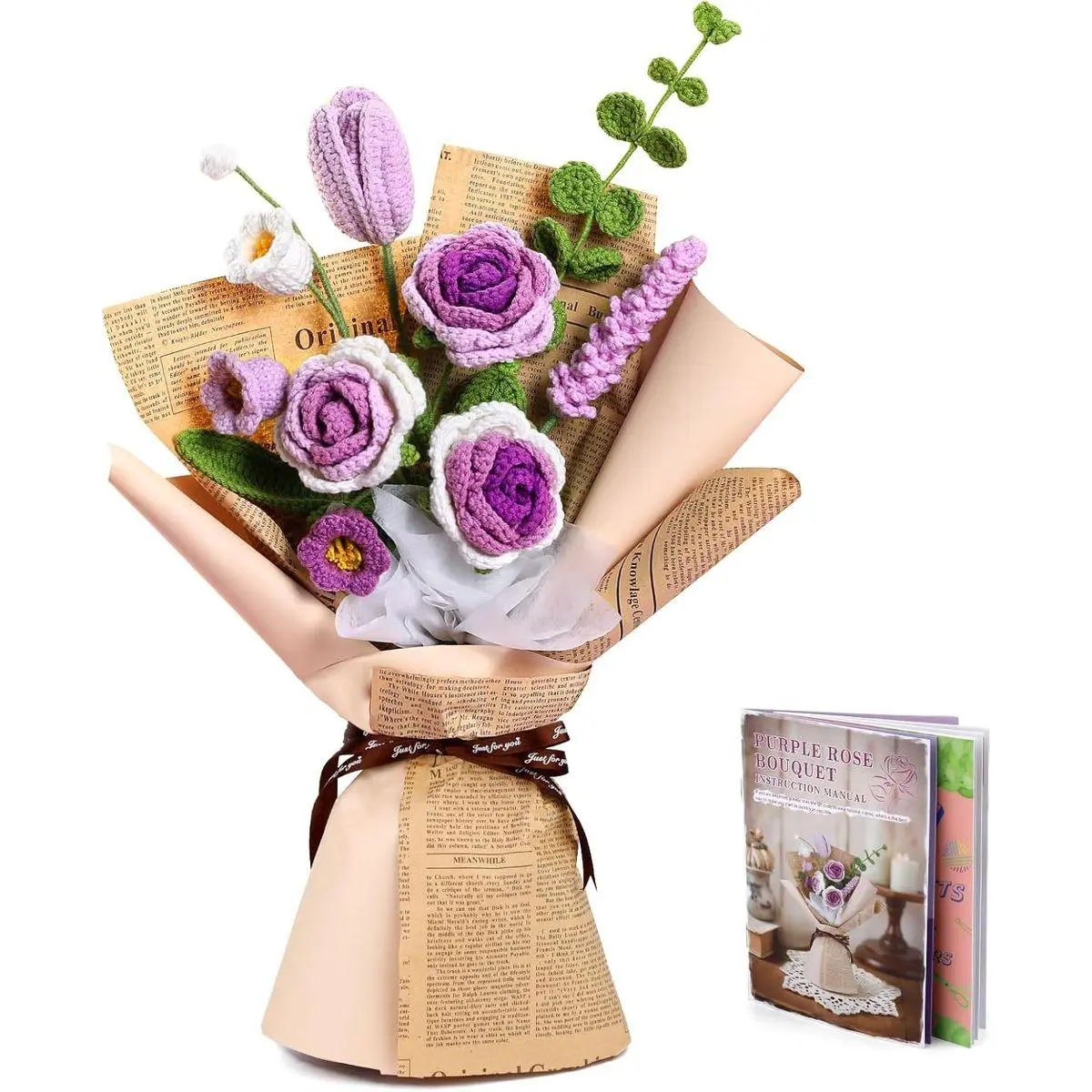 Crochet Kit for Beginners, Purple Rose Crochet Flowers for Adults with Step-by-Step Video Tutorials, DIY Crochet Bouquet Kits Knitting Supplies Include Floral Wire, Newspaper