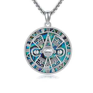 Aztec Mayan Calendar Necklace 925 Sterling Silver Abalone Shell/Turquoise/Obsidian Aztec Pendant Amulet Jewelry for Women Men TikTokShopBlackFriday