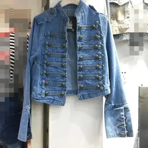 Vintage Military Style Handsome Stand Collar Denim Jacket Women Double-Breasted Wild Slim Fit Short Denim Jacket Women's Coat Casual Womenswear Blue