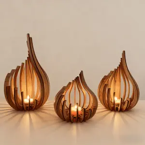 Wooden Tealight Candle Holders, Unique Teardrop Sculptured Wood Lanterns, Rustic Home Decor for Living Room, Bedroom & Farmhouse, Romantic Wedding & Christmas Gifts