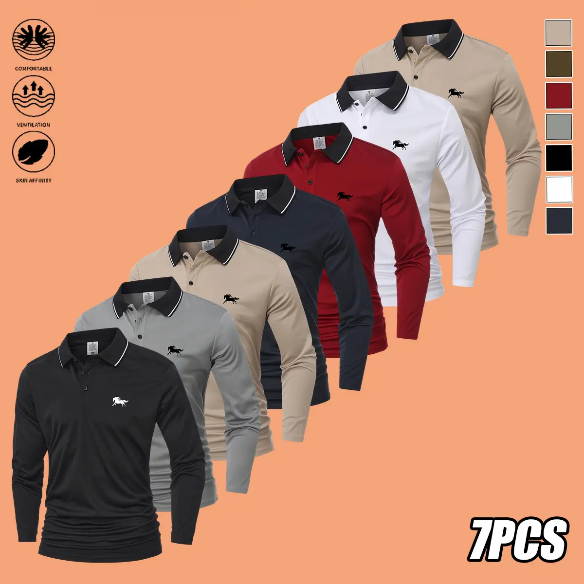 Men's 7-Pack Long-Sleeve Polyester Polo Tops, Menswear Clothes with Chest Small Horse Print & Contrasting Turn-Down Collar, Spring/Autumn Style for Golf, Outdoor Activities & Holiday Gifting