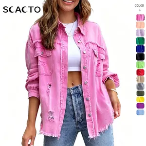 Scacto Women’s Oversized Button Up Frayed Hem Shacket Long Sleeve Pockets Denim Jean Jacket
