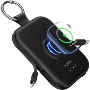 Portable Charger, 5000mAh Portable Charger Power Bank with Built-in Cables, Travel Keychain Battery Pack For Apple Watch Ultra,11,10,9,8,7,6,SE, iPhone Air,17,16,15,14,13,12, Black