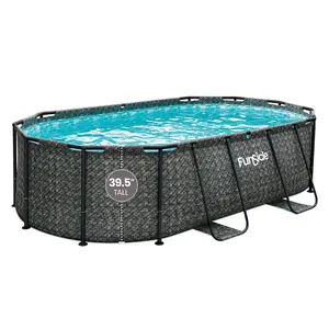 Funsicle 13'11" Oasis Designer Oval Above Ground Pool w/ Pump, Dark Herringbone