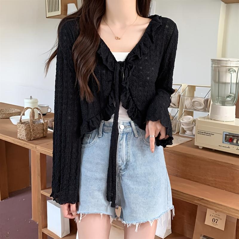 Elegant and Lightweight Lace-up Cardigan-Breathable Chiffon Shawl, Ruffles, Long Sleeves, Sun Protection-Spring/Women's Summer Top, Soft Blue, White, Cream, Pink, Black Fitted Knitwear Womenswear Basic Beige Casual