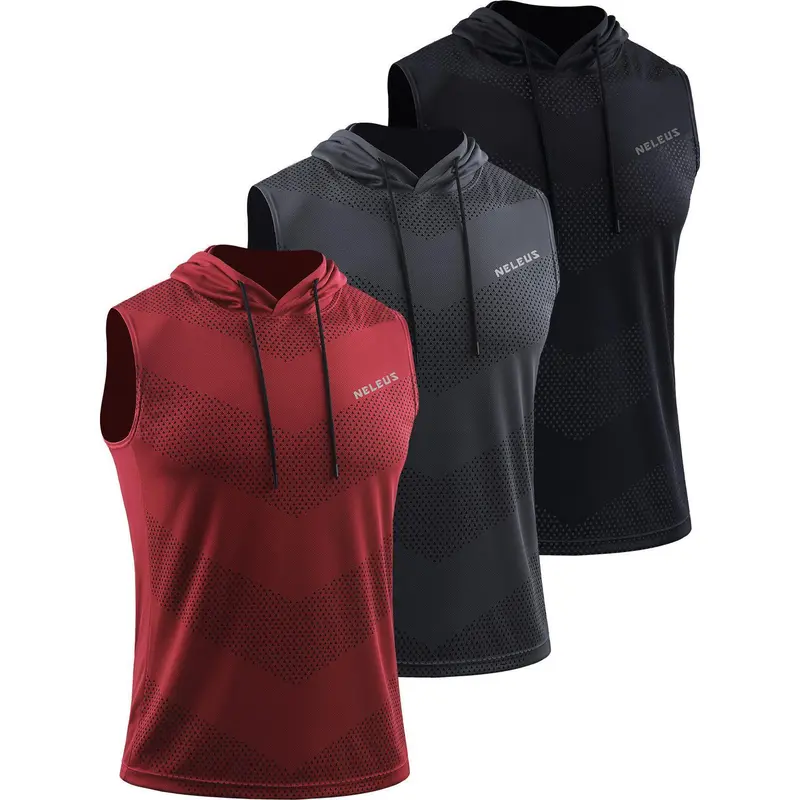 Neleus Men's 3-Pack Sleeveless Hooded Polyester Sweat Vest Tank - 100% Dry Fit Wicking Mesh, Lightweight Gym Exercise Activewear, Breathable Workout Apparel, 5098# Black/Grey/Red Men's Clothing for Shoulder-Focused Training, Gym Stuff