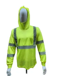 Hi Visibility Yellow Long sleeve hoodie shirt with heat transfer reflector / polyester birdeye Fabric for quick dry / Hi Vis Reflective shirt