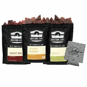 3 Pack - Kate's Soft & Tender Texture Bundle + Koozie - Honey Pepper, Sweet BBQ, Garlic Beef - All-Natural, No Added Preservatives - 7.5 oz.