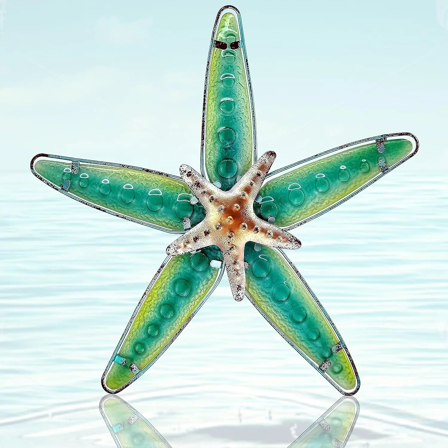 COOZZYHOUR 13" Size Hanging Handcrafted Glass Starfish Wall Art Decor - 1-Piece Metal Sea Life Ocean Pattern Wall Sculpture with Glass Surface, Outdoor Nautical Home Decor Hook for Living Room