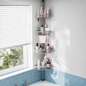 Corner Shower  Tension Pole: Stainless Steel Rustproof 4-Tier Shower Organizer - -121 inch Adjustable Bathroom Shelves for Bathtub Shampoo Storage - Tension Rod Floor Standing Bath Rack