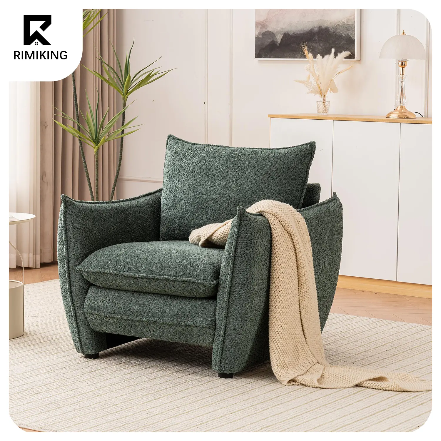 RIMIKING, Ergonomic Single Sofa Chair, Soft Fabric Armchair with Side Pocket, Plush Cushion Seat, Modern Accent Chair for Small Spaces