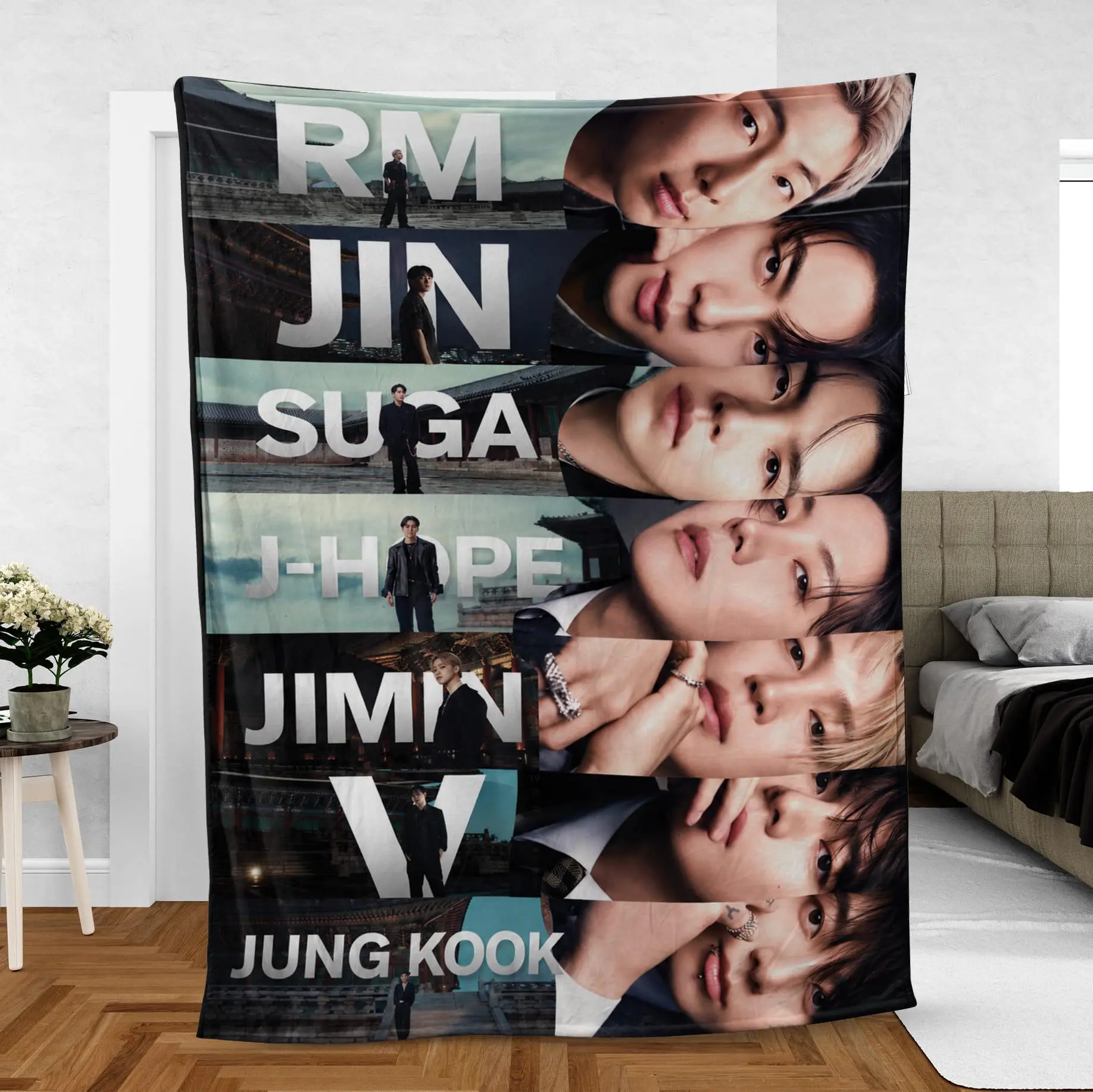 Kpop Members Photo Collage Blanket, RM Jin SUGA J-Hope Jimin V Jung Kook Portrait Throw Blanket, Soft Fleece Blanket for Sofa Bed Couch, ARMY Fan Room Decor Gift