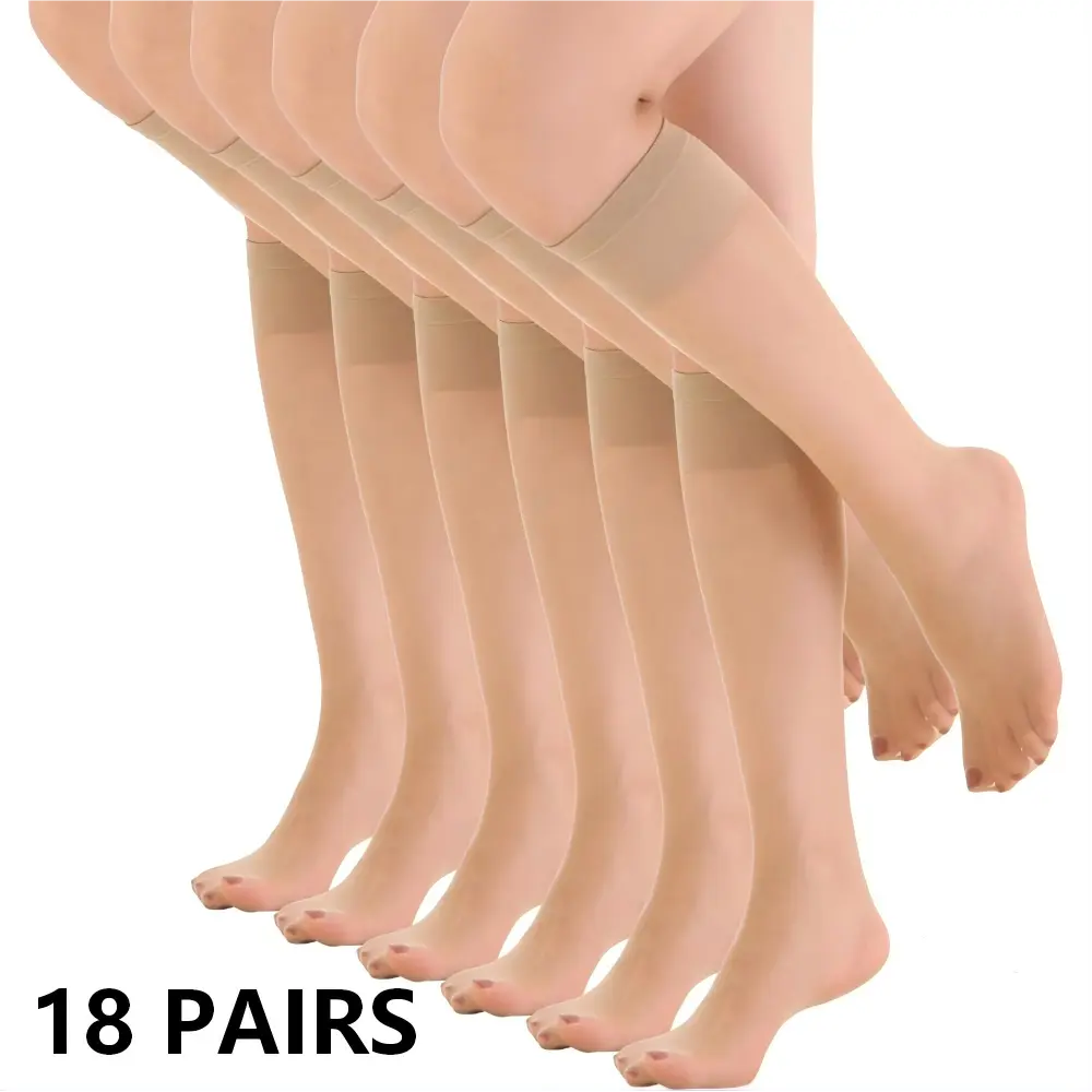 Women's 18-Pair Assorted 15 Denier Nylon Ultra Sheer Knee-High Socks, Basic Minimalist Solid Color Hand-Washable Stockings, Suitable for Office & Daily Wear, Assorted Knee-High Socks