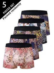 Men's Leopard Print Briefs Set of 5, High Elasticity Mid-Waist Youth Underwear, Wild Retro Style Casual Boxer Shorts
