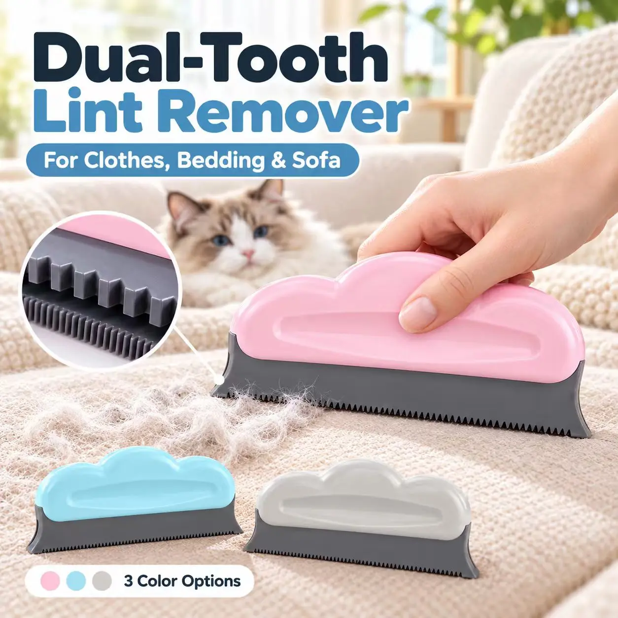 1PC Reusable Pet Hair Remover Brush, Dual-Tooth Lint Remover for Clothes, Coats, Sofas, Bedding, Blankets, Carpets & Upholstery, Handheld Pet Fur Scraper for Cat & Dog Hair, Portable Fabric Cleaning Tool, Pink/Blue/Gray