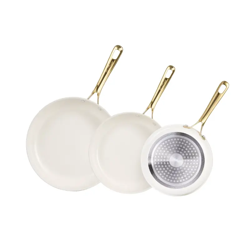Chef Power 3 Pcs Non-Stick Ceramic Pots and Pans Set, with Stainless Steel Light Gold Handles, Cream White, Dishwasher and Oven Safe