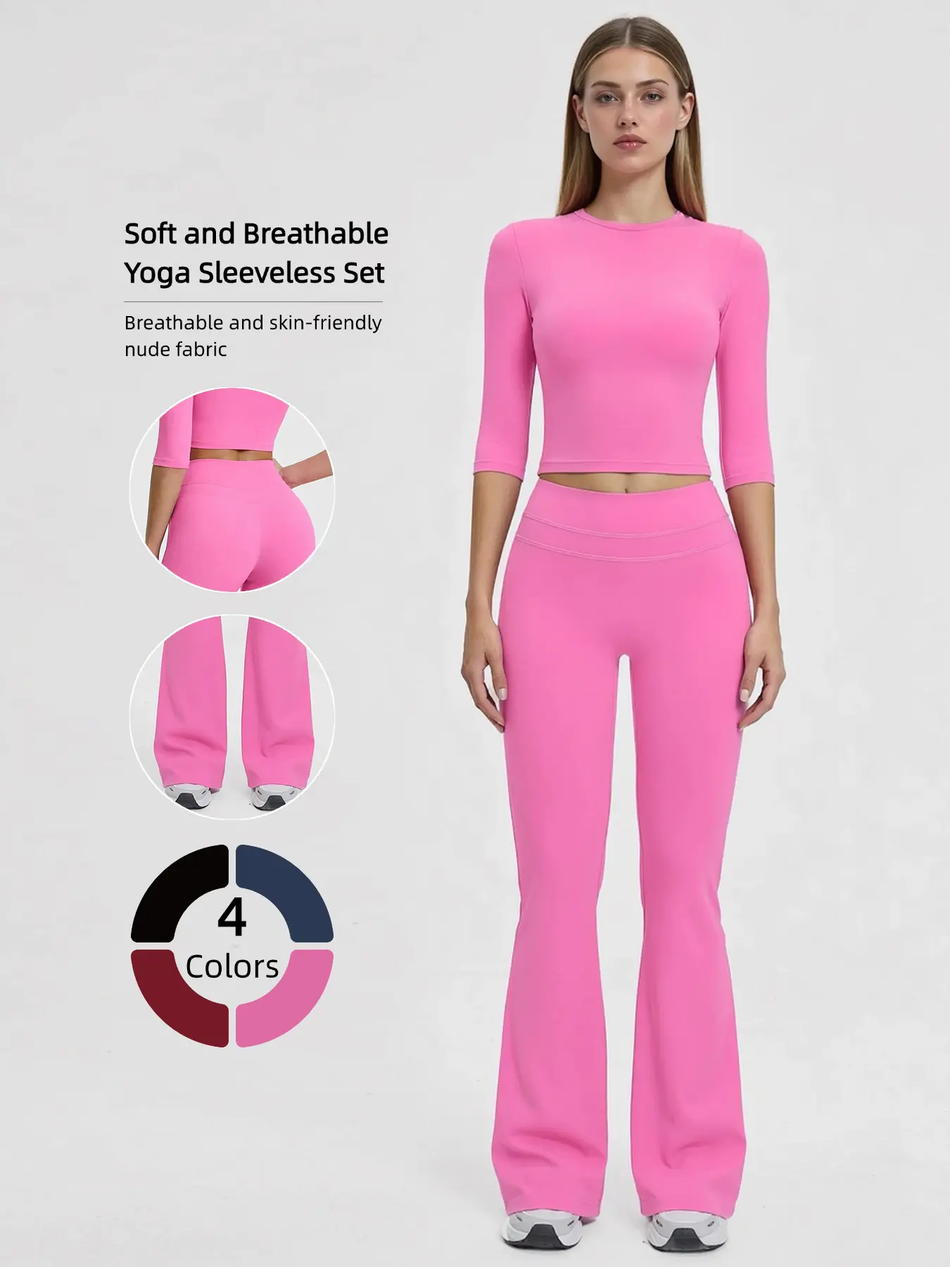 Women's 2-Piece Activewear Matching Set - 3/4 Sleeve Cropped Athletic Top, High Waist Flare Yoga Pants, Buttery Soft Stretch Workout Tracksuit for Running, Fitness Training