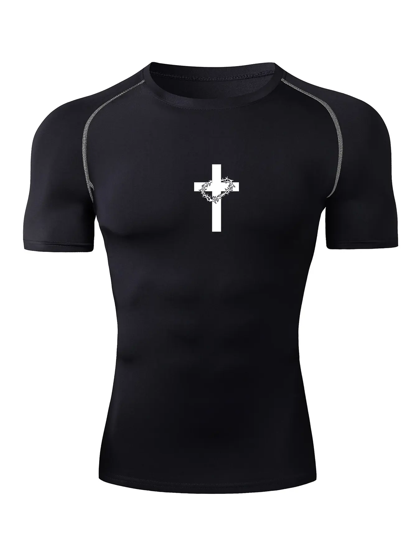 Thorn Cross Print Short Sleeve Compression Shirt for Men, Gym Workout Running Sporty Tees, Summer Quick-Dry Breathable Sweat Wicking Round Neck T-Shirt, Tight Fit Undershirt Baselayers Rash Guard