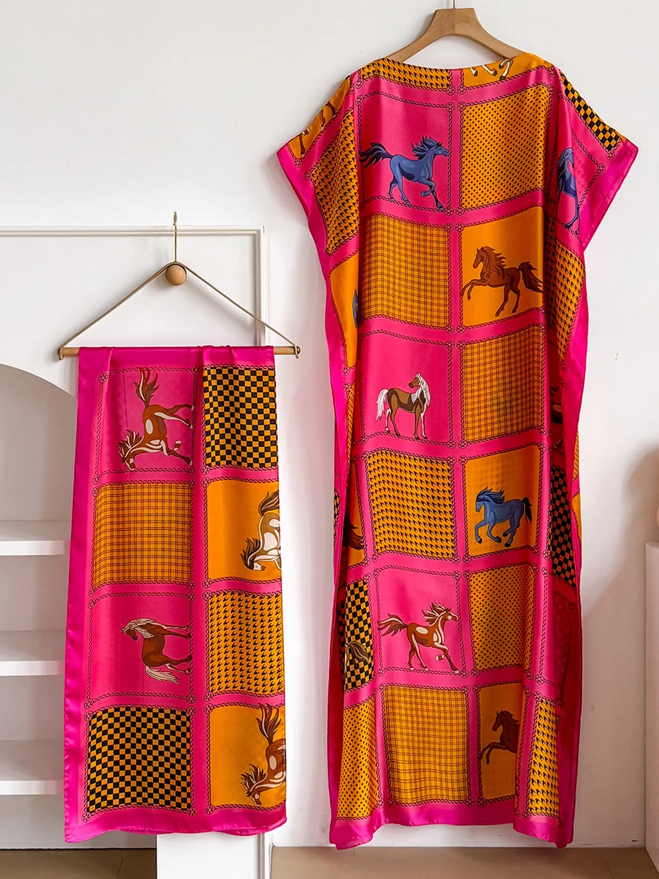 Elegant Long Robe Set, Multicolor Animal Shawl Dress + Headscarf, Casual Summer Boho Fashion Bohemian Boho Style Beachwear Sun Protection Satin Scarf for Women Womenswear