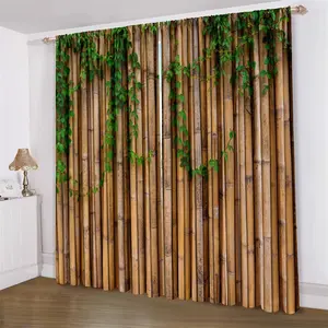 Bamboo Pattern Door Curtain, 2 Counts/set Green Plant Bamboo Pattern Curtain, Light Filtering Curtain for Home Living Room Bedroom Decor