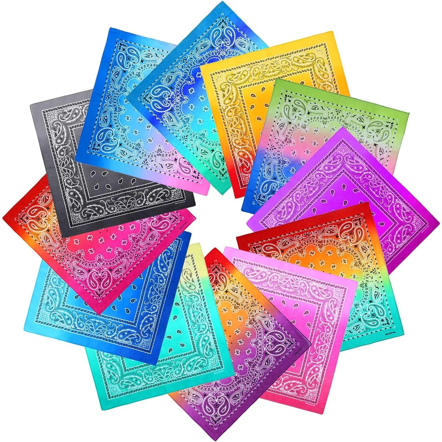 12-Pack Gradient Cotton Paisley Bandanas, Breathable Head Scarves, 2-Style Fashion Hair Wraps & Handkerchiefs, Graphic Bandana, Breathable Head Wrap