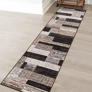 Indoor Runner Rug, Washable Runner Rug with Rubber Backing, Modern Geometric Patchwork Aesthetic Carpet for Bedroom, Living Room, Hallway, Entryway, Washable Rug Rockwood Collection, 2x6 Ft Grey