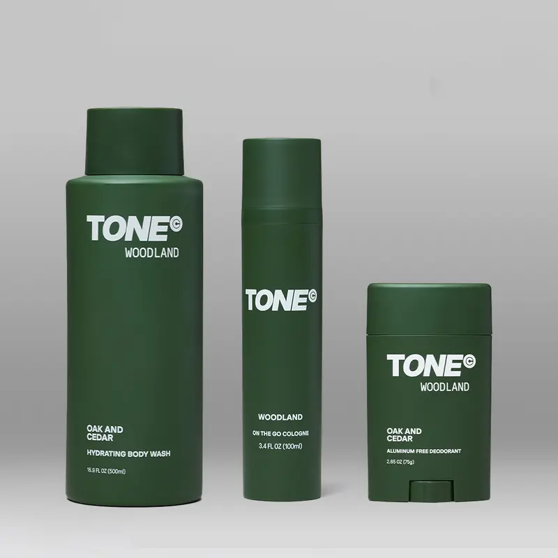 TONE Woodland Scent Essentials Collection Body Care Set - Hydrating Body Cleanser, On-The-Go Scented Cologne, Aluminum-Free Aroma Deodorant, Body Mist, Cleansing, Body Wash Set, Aromatic Body Cleanser