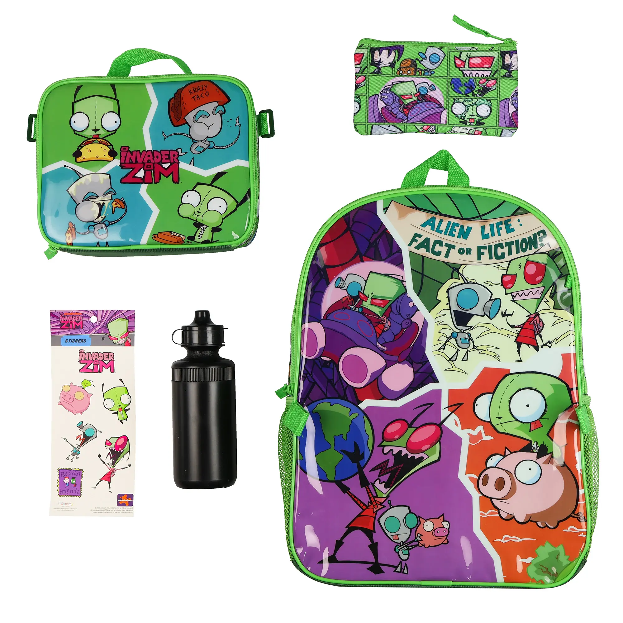 Nickelodeon Invader Zim 5-Piece Backpack with Lunch Box Water Bottle Pencil Case 16" Book Bag