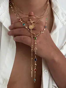 Bohemian Colorful Diamond Cross Y-Shaped Necklace Set, Cross Chain Design, Fashion Jewelry Gift for Men, Perfect for Daily Wear & Parties