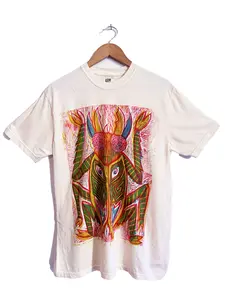 Tribal Beetle Woodblock Hand-Printed T-Shirt Cotton Menswear Top Ivory