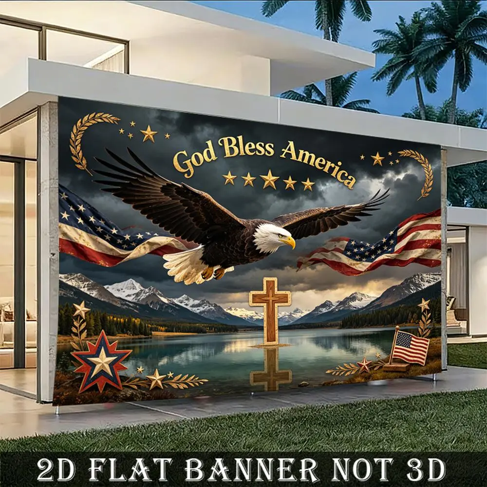 2D Flat Polyester Patterned Photography Backdrop Banner - HD Printing, Soft, Lightweight, Foldable Patriotic Decor with American Eagle, Stars and Stripes, "God Bless America" Text for 4th of July, National Holidays Photoshoots