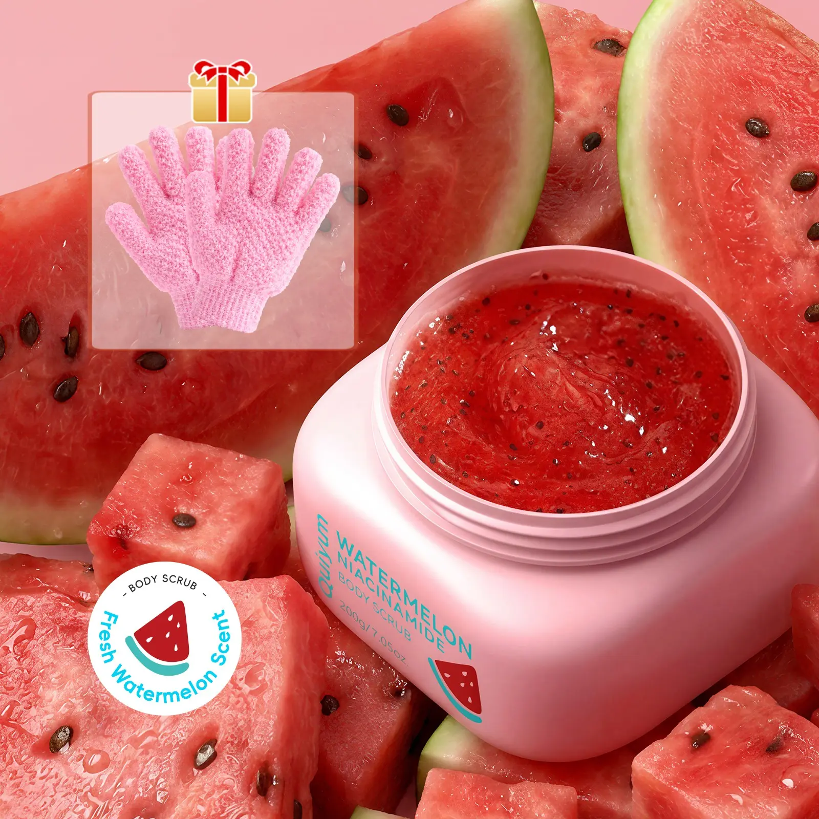 QUIYUM Fresh Watermelon Scented Body Scrub Kit - Niacinamide Enriched Exfoliator for Radiant Skin - 200g Body Scrub with Reusable Exfoliating Gloves - Summer Body Care Gift Set for Women