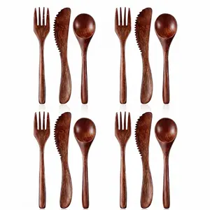 【Summervibes】12 Pcs Wooden Utensils Set, Natural Wood Spoon Fork Knife Cutlery, Multi-Purpose Kitchen Hand Tools Flatware Tableware Set for Home Daily Use