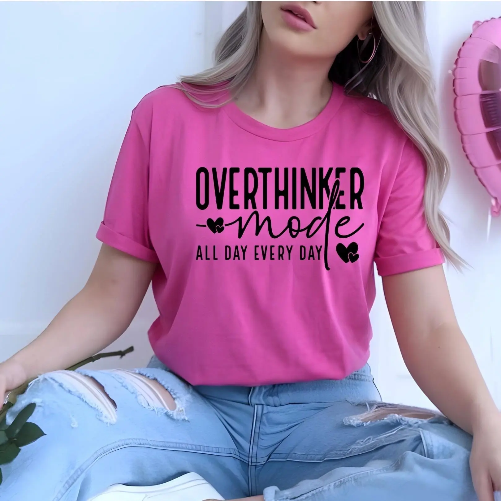 Women's Graphic T-Shirt & Sweatshirt - Cow Print, Wrap Design, Comfortable Fit, "Overthinker Mode All Day" Love-Themed Casual Top Animal Black