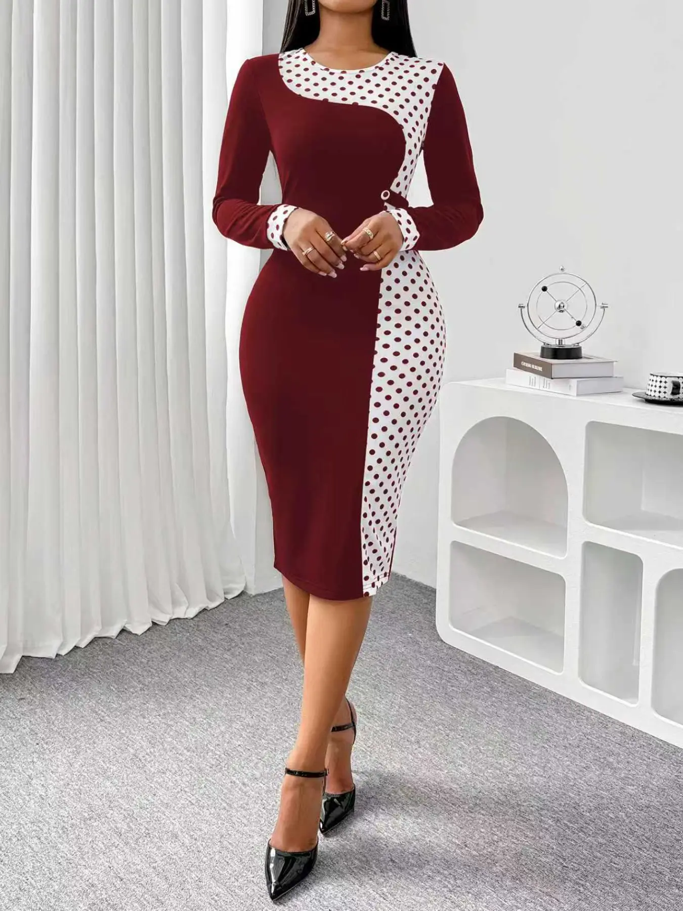 Elegant Style Chic Irregular Polka Dot Print Dress, Round Neck Button Long Sleeve Bodycon Dress, Spring Autumn Fashion Womenswear Hrs042-Jiuhong