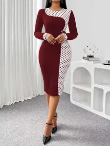 Elegant Style Polka Dot Print Dress, Round Neck Button Long Sleeve Bodycon Dress, Spring Autumn Fashion Hrs042-Jiuhong
