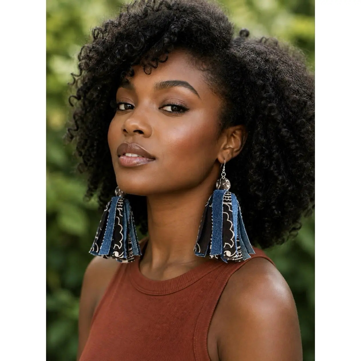 Handmade Brown Bandana and Denim Tassel Earrings - Unique Handcrafted Jewelry for Women