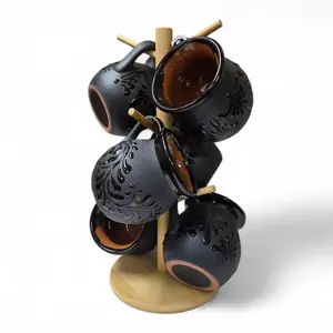 Talavera Jarritos Set of 6 with Stand | Black & Black