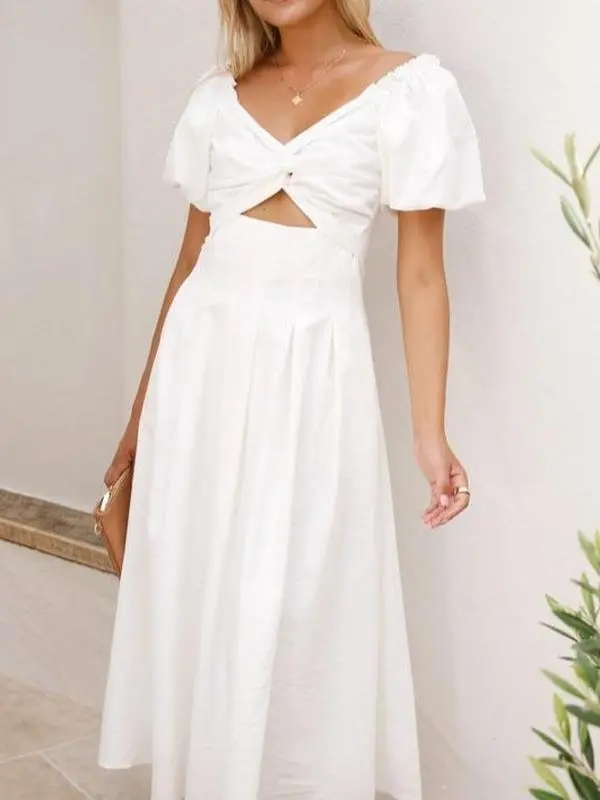 Women's 2026 Summer Cotton Fabric Casual Flowy A-Line Maxi Dress - Short Puff Sleeves, Smocked Cutout, for Beach Vacation Parties