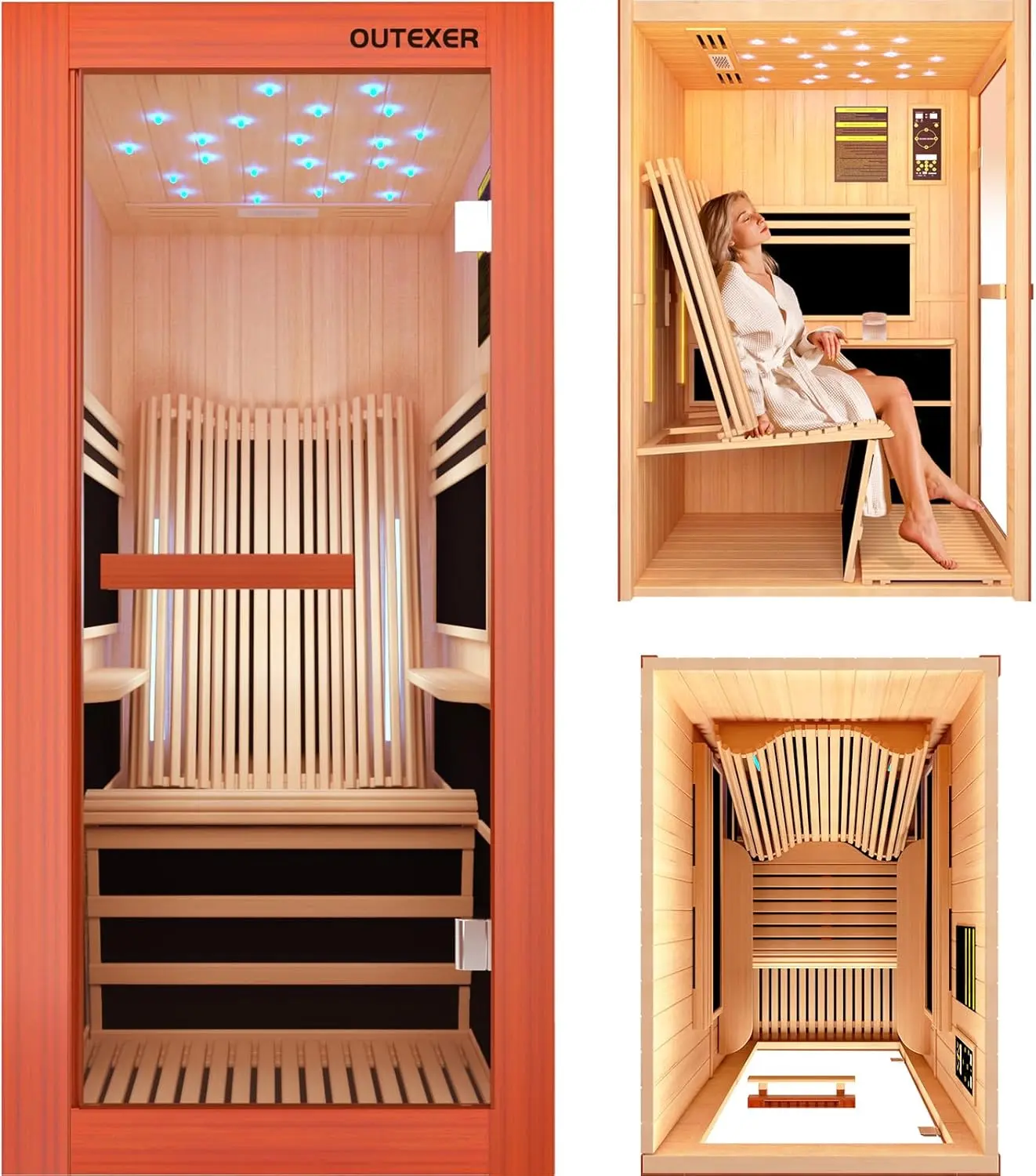 OUTEXER Infrared Sauna 1495W Wooden Saunas Spa Pacific Clear Cedar Wood | Single Person Indoor Saunas with Special Shaped Comfortable Backrest 32.68*47.24*69.29 Inch