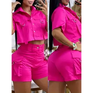 2025 Polyester Casual Solid Color Short Pants Set, Outdoor, Wome Clothes Fabric