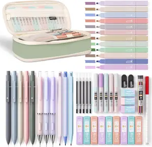 50 PCS Aesthetic School Supplies with Pen Case, 5 Quick Dry Retractable Black Ink Pens, 12 Pastel Highlighters, 6 Pastel Mechanical Pencil Set 0.5 & 0.7 & 0.9 & 2.0 mm for Students Stationary