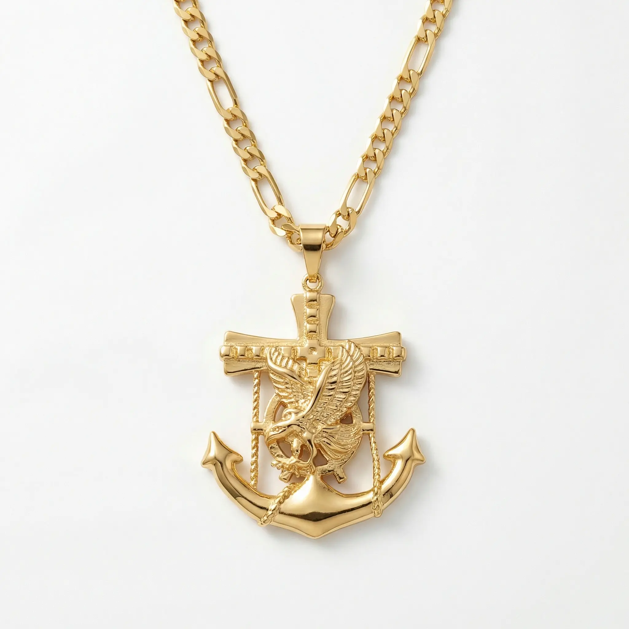 Anchor Cross Eagle 14K Gold Plated Pendant With Figaro Chain 4,5MM in 22 Inches Fine 14K Gold Plated Jewel Necklace, Fashion Cross Pendant, Gold Plated Necklace